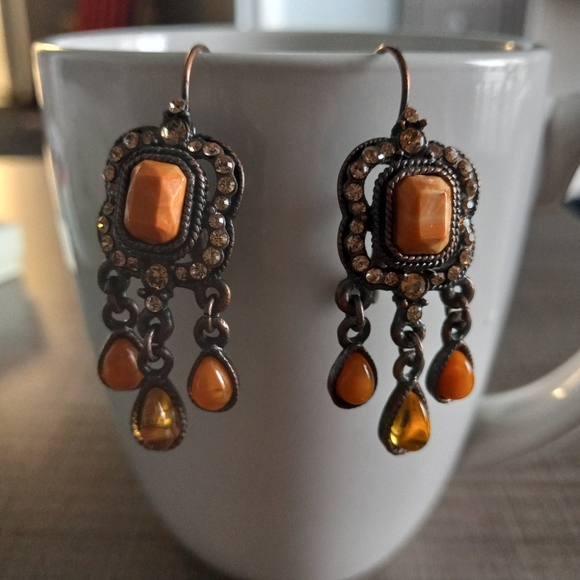 Vintage Orange Stone Brown Cubic Zirconia Dangle Earrings with Clasp Backing - Picture 5 of 12